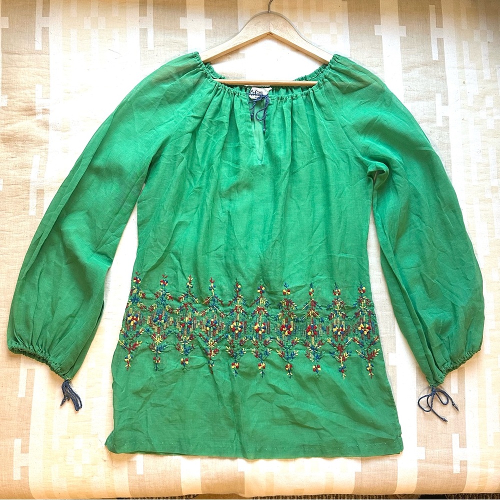 Vintage 50s 60s Embroidered Tunic Top Green
